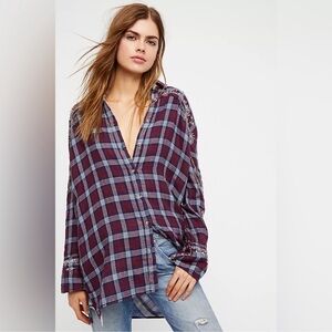 Free People Embellished Plaid Shirt - Burgundy and Navy